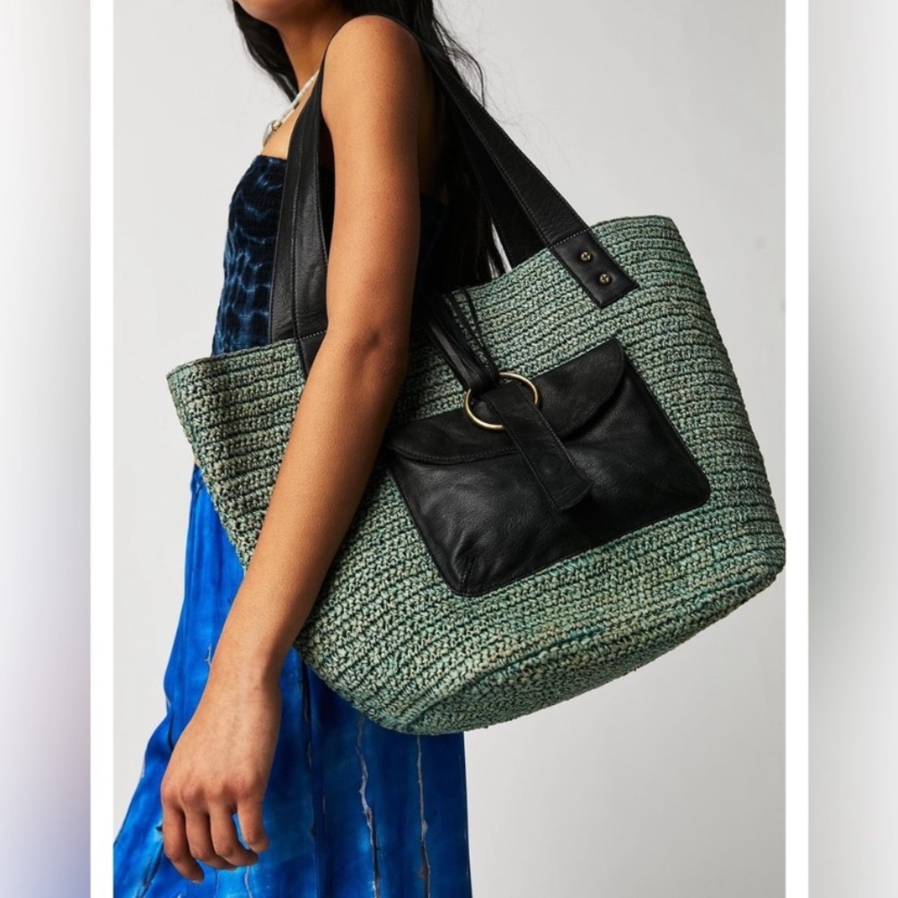 New Free People Mint Sage Green Travel Shoulder Bag Leather Straw ...